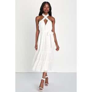 Lulus Sensational Essence White Clip Dot Tiered Halter Midi Dress - Size S